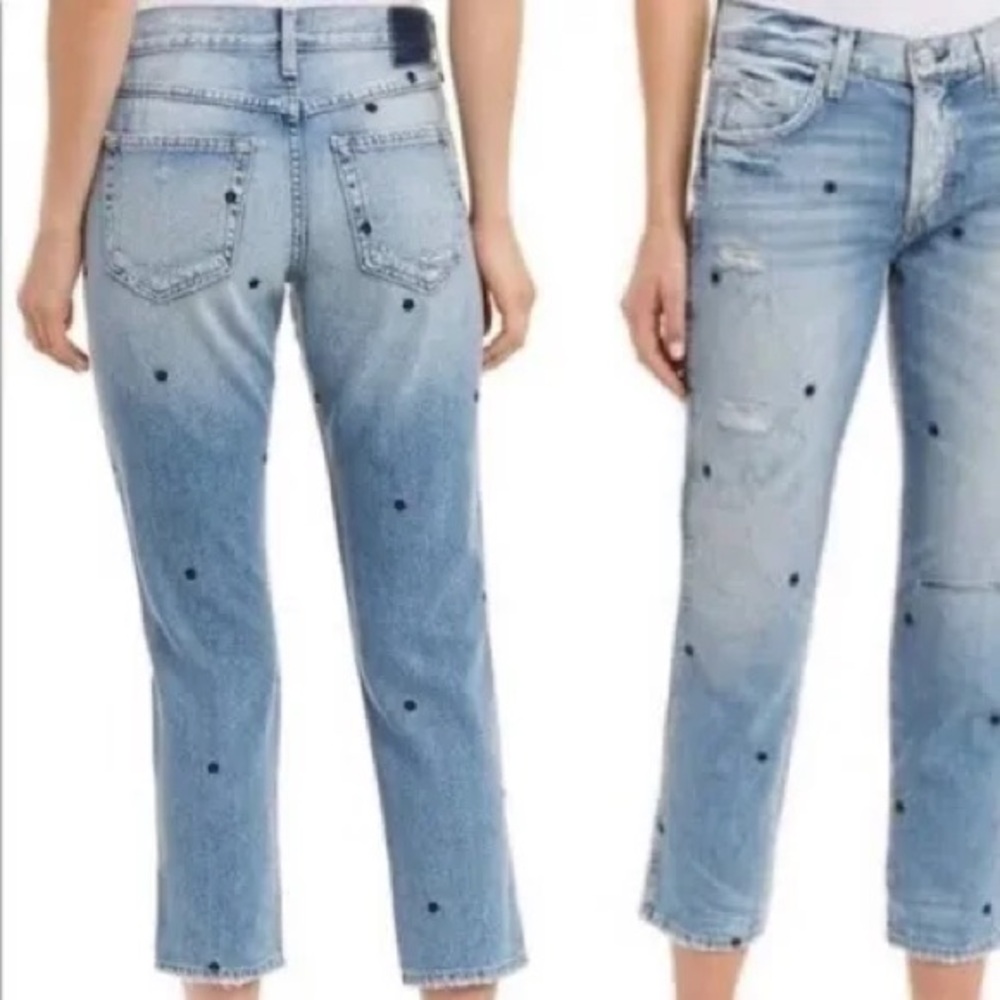 AMO Blue Ankle Cropped Star Embroidered Jeans